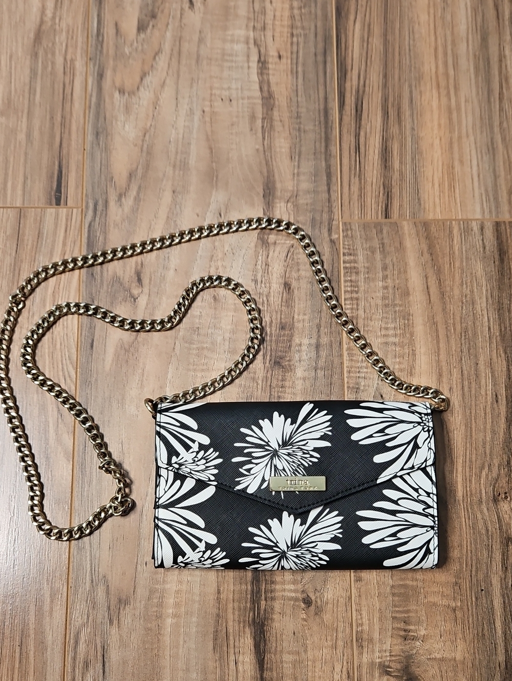 Trina Turk Black and White Floral Chain Crossbody Bag